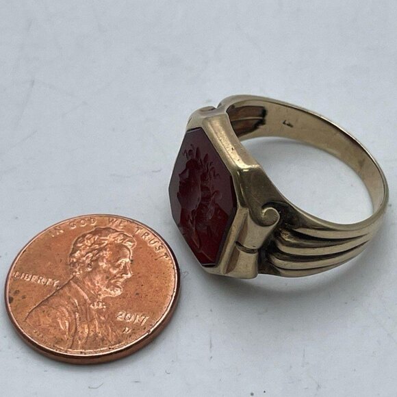 *SOLD* 9k Yellow Gold & Intaglio Carved Carnelian Ring Vintage Sz 8.5-8.75 - Picture 10 of 13